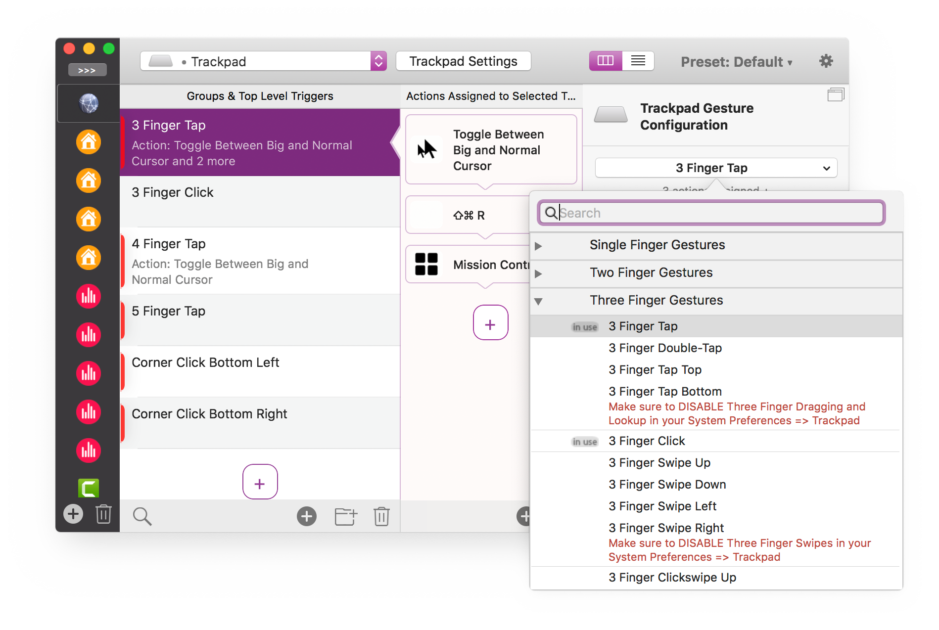 BetterTouchTool 触控板手势配置界面